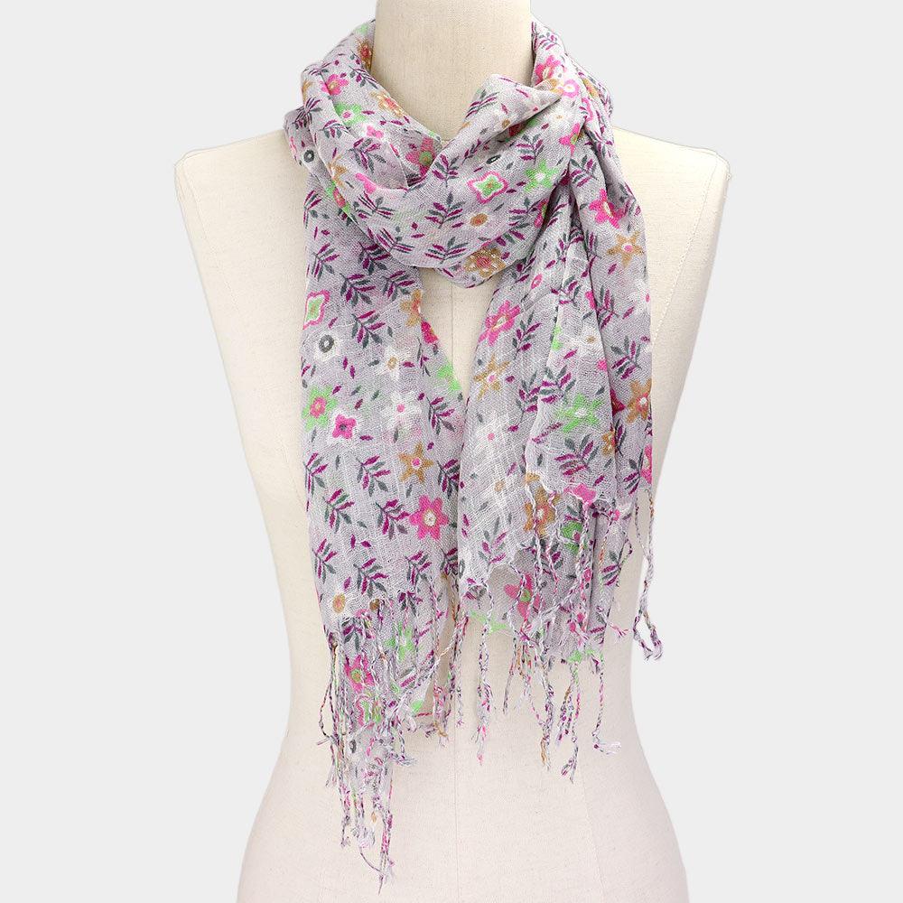 Gray Floral Print Fringe Oblong Scarf