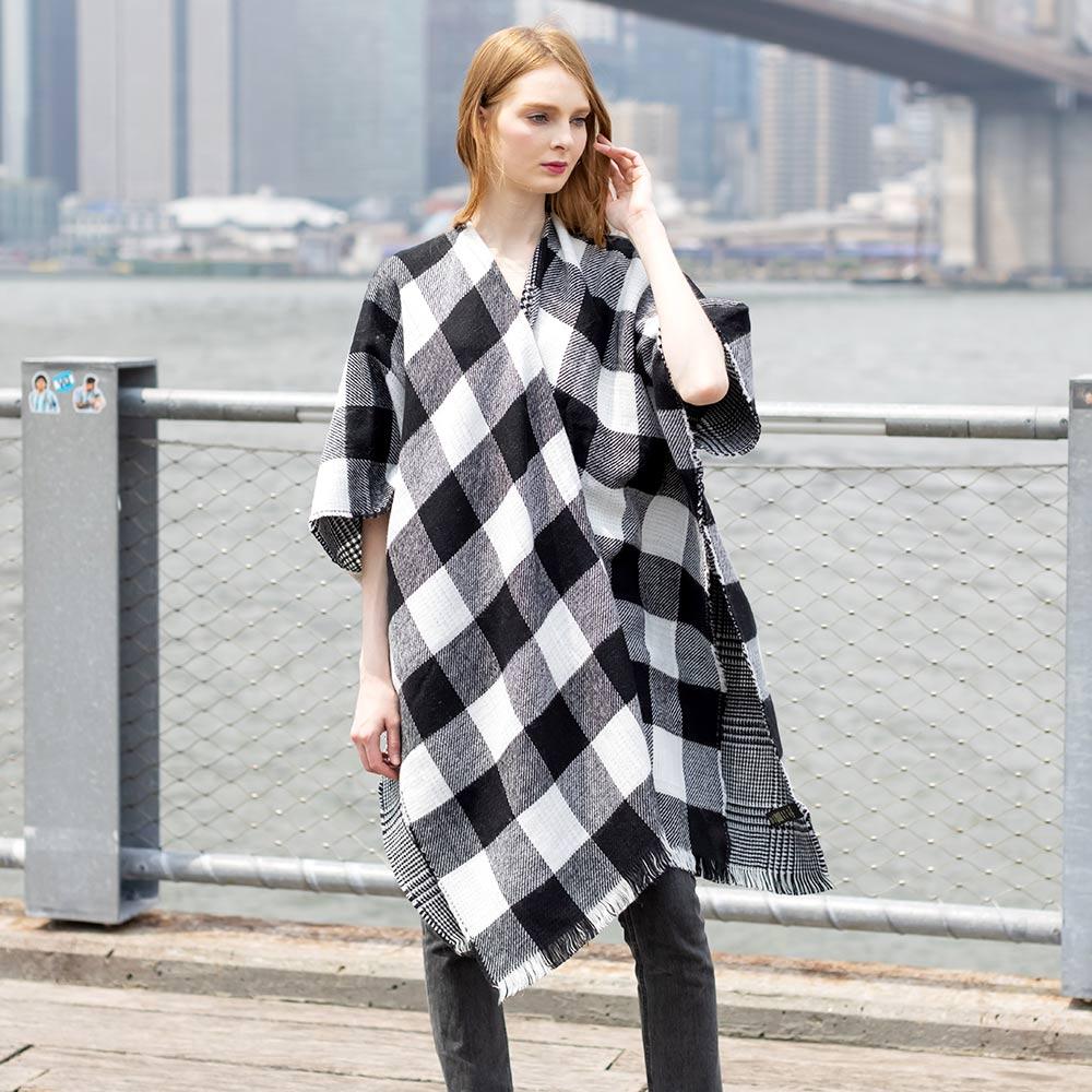 Black Reversible Plaid Check Poncho