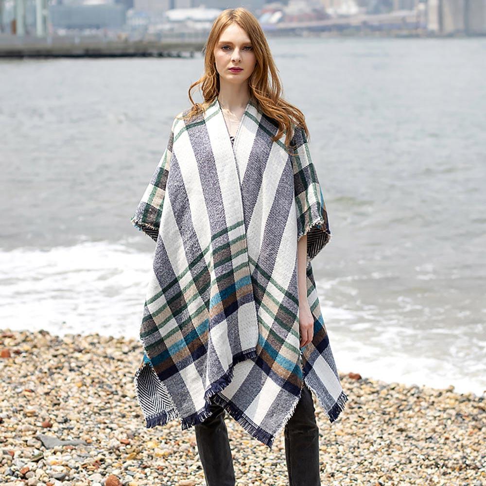 Black Reversible Plaid Check Patterned Poncho