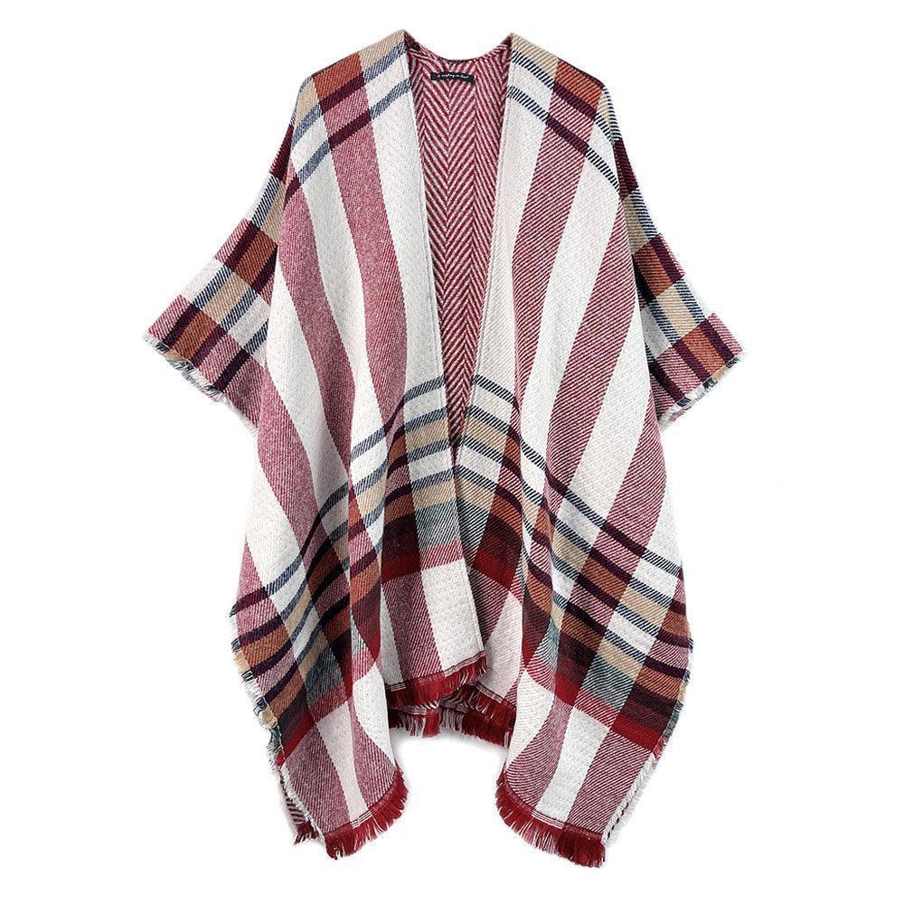 Red Reversible Plaid Check Patterned Poncho - Jewelry Store by Erik Rayo