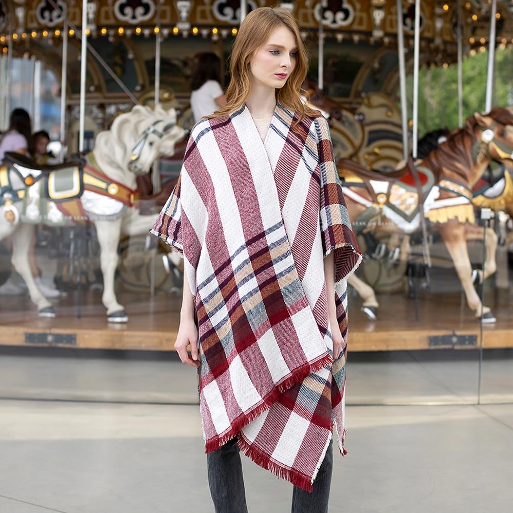 Red Reversible Plaid Check Patterned Poncho