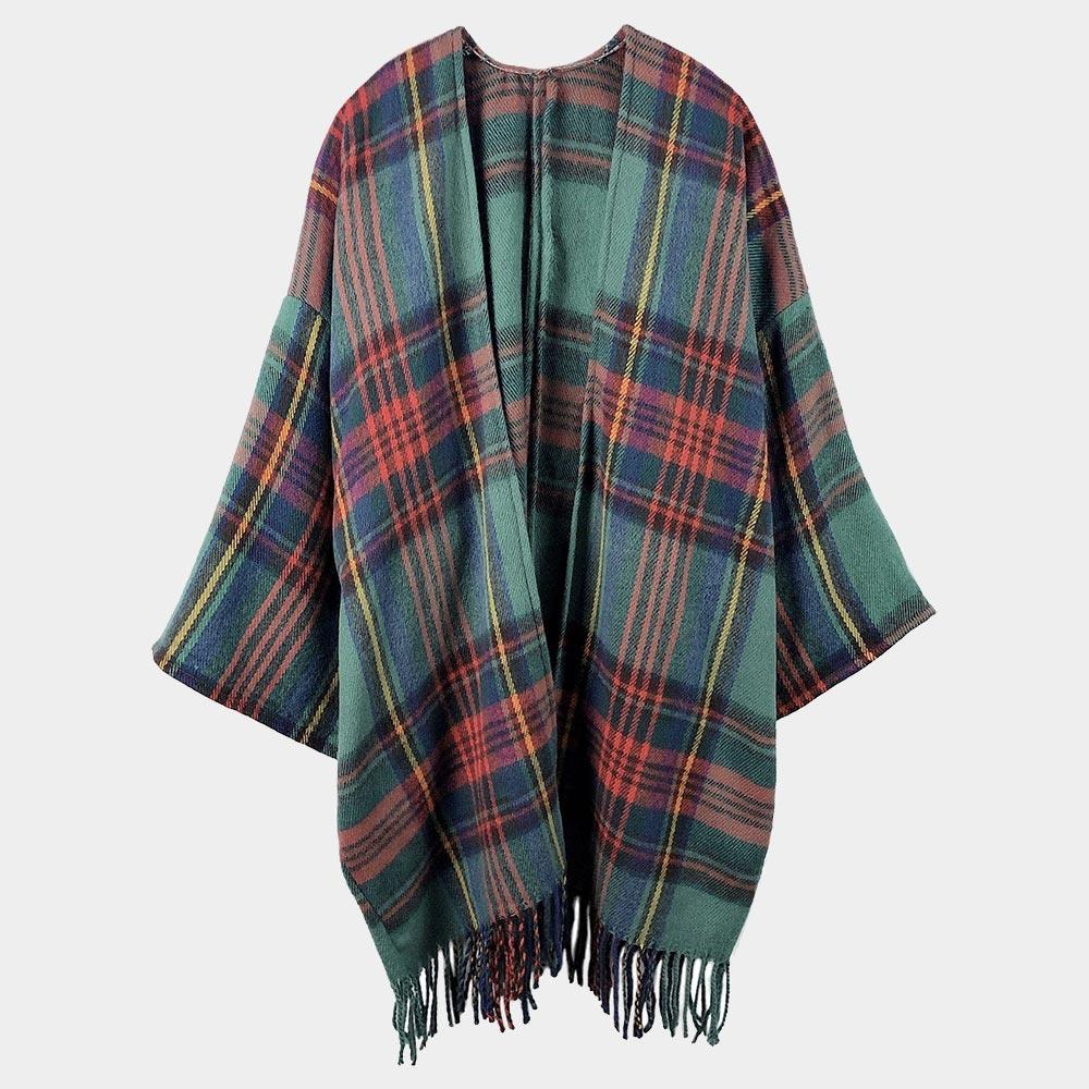 Green Plaid Check Patterned Poncho