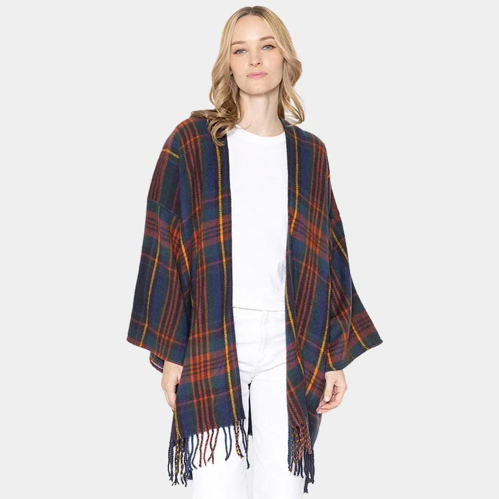 Navy Plaid Check Patterned Poncho - Jewelry Store by Erik Rayo