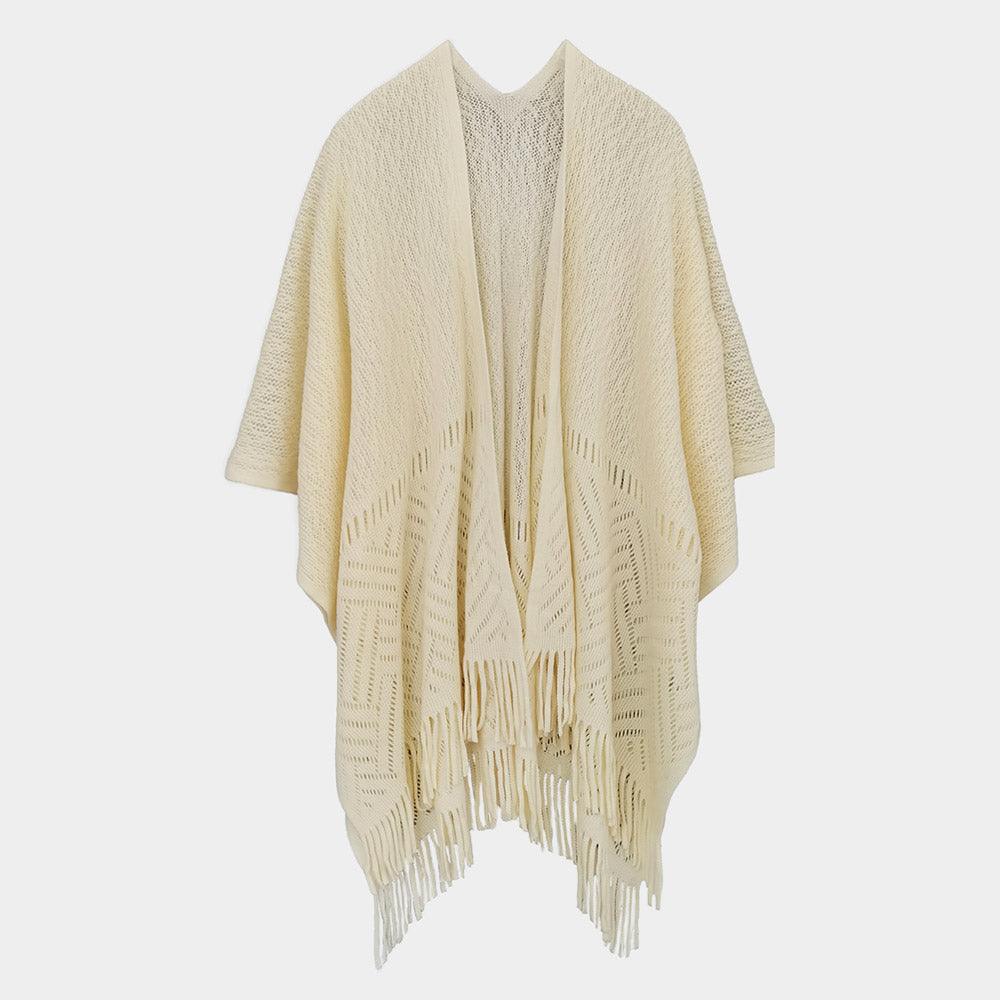 Ivory Geometry Open Knit Ruana  Poncho With Fringe