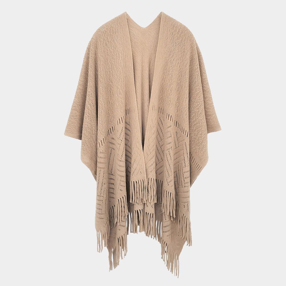 Taupe Geometry Open Knit Ruana Poncho With Fringe - Jewelry Store by Erik Rayo