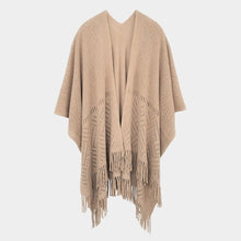 Load image into Gallery viewer, Taupe Geometry Open Knit Ruana  Poncho With Fringe
