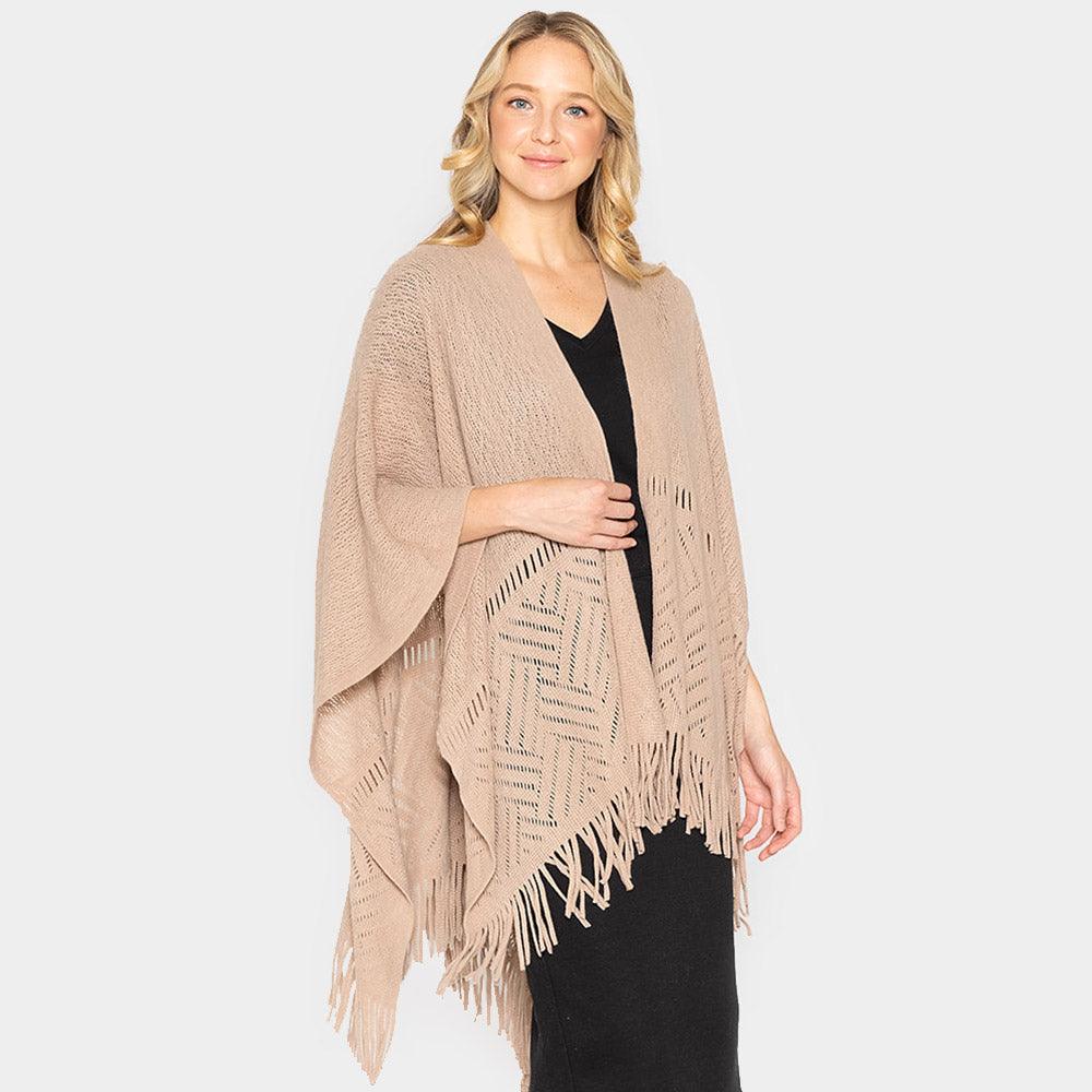 Taupe Geometry Open Knit Ruana  Poncho With Fringe