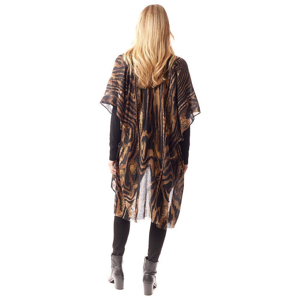 Brown Mixed Animal Printed Gold Foil Accented Ruana Poncho - Jewelry Store by Erik Rayo