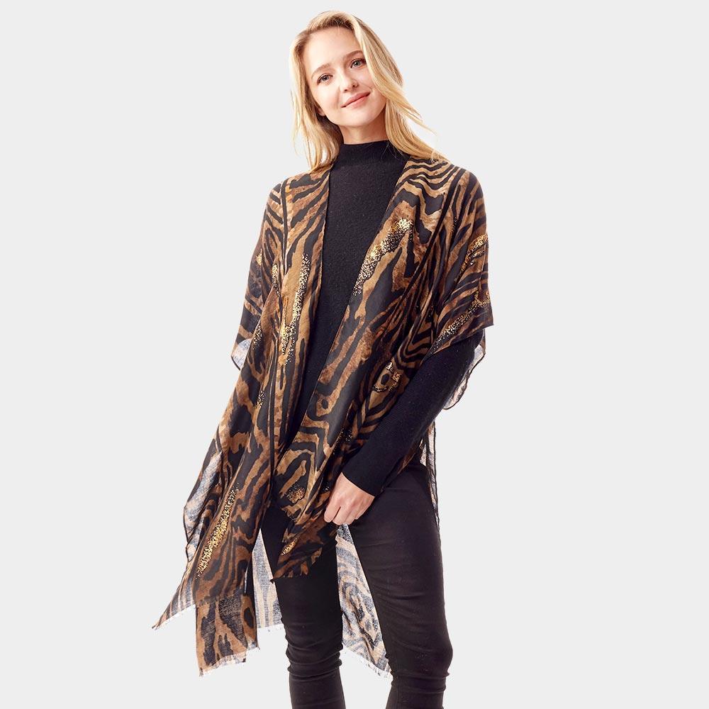 Brown Mixed Animal Printed Gold Foil Accented Ruana Poncho - Jewelry Store by Erik Rayo
