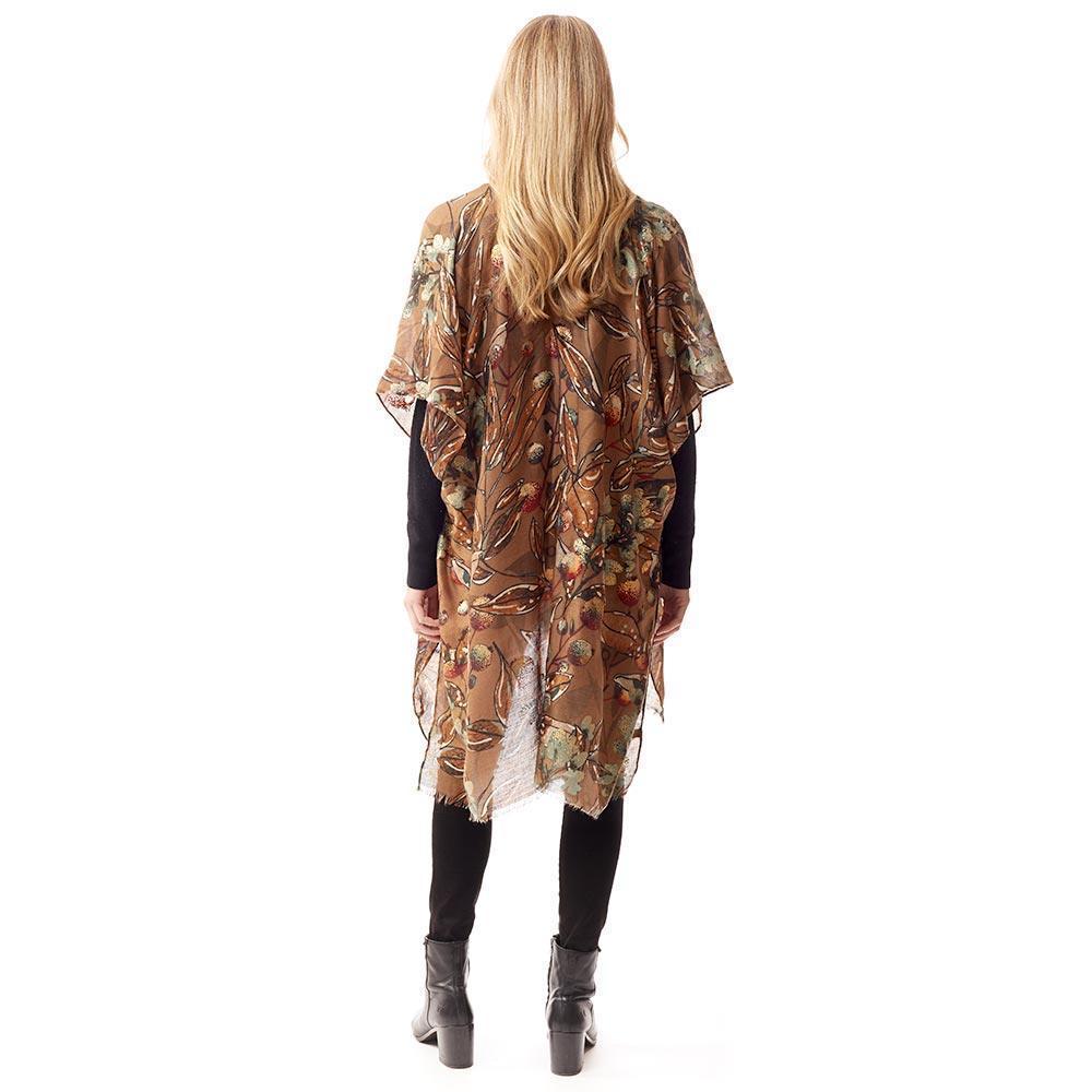 Brown Floral Printed Gold Foil Accented Ruana Poncho - Jewelry Store by Erik Rayo