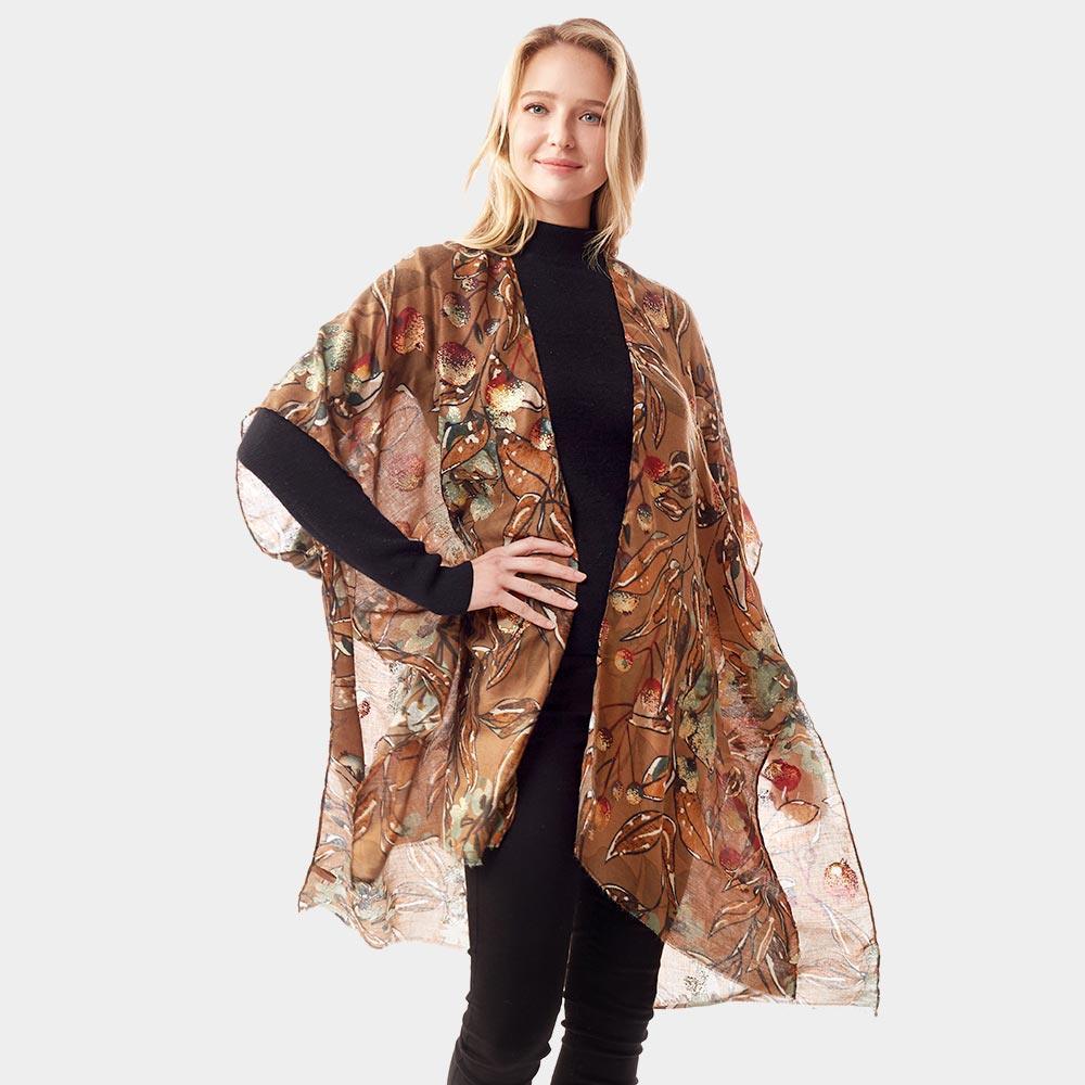 Brown Floral Printed Gold Foil Accented Ruana Poncho - Jewelry Store by Erik Rayo