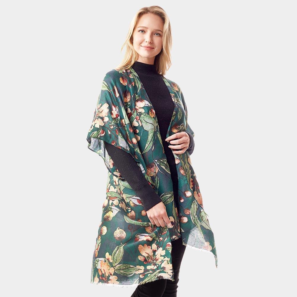 Green Floral Printed Gold Foil Accented Ruana Poncho - Jewelry Store by Erik Rayo