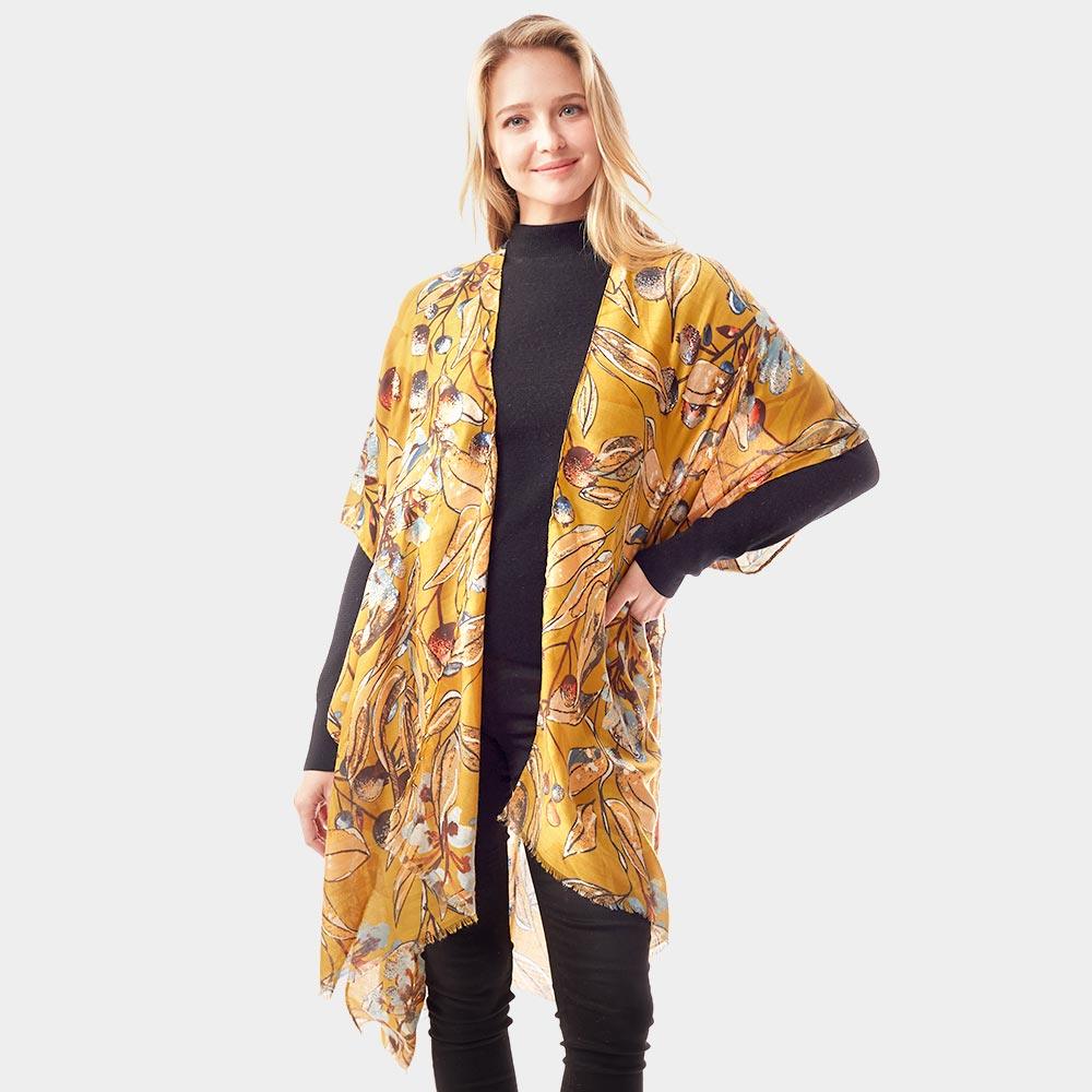 Mustard Floral Printed Gold Foil Accented Ruana Poncho