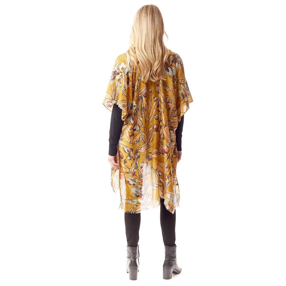 Mustard Floral Printed Gold Foil Accented Ruana Poncho - Jewelry Store by Erik Rayo