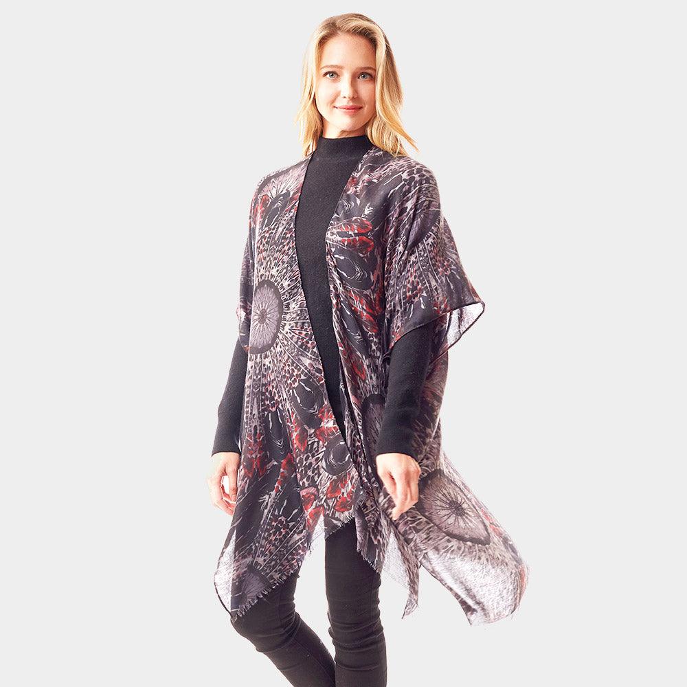 Black Peacock Feather Printed Ruana Poncho