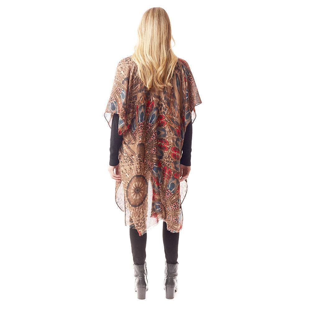 Brown Peacock Feather Printed Ruana Poncho - Jewelry Store by Erik Rayo
