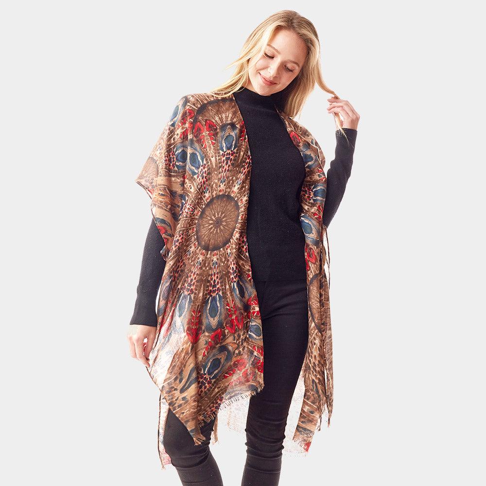 Brown Peacock Feather Printed Ruana Poncho