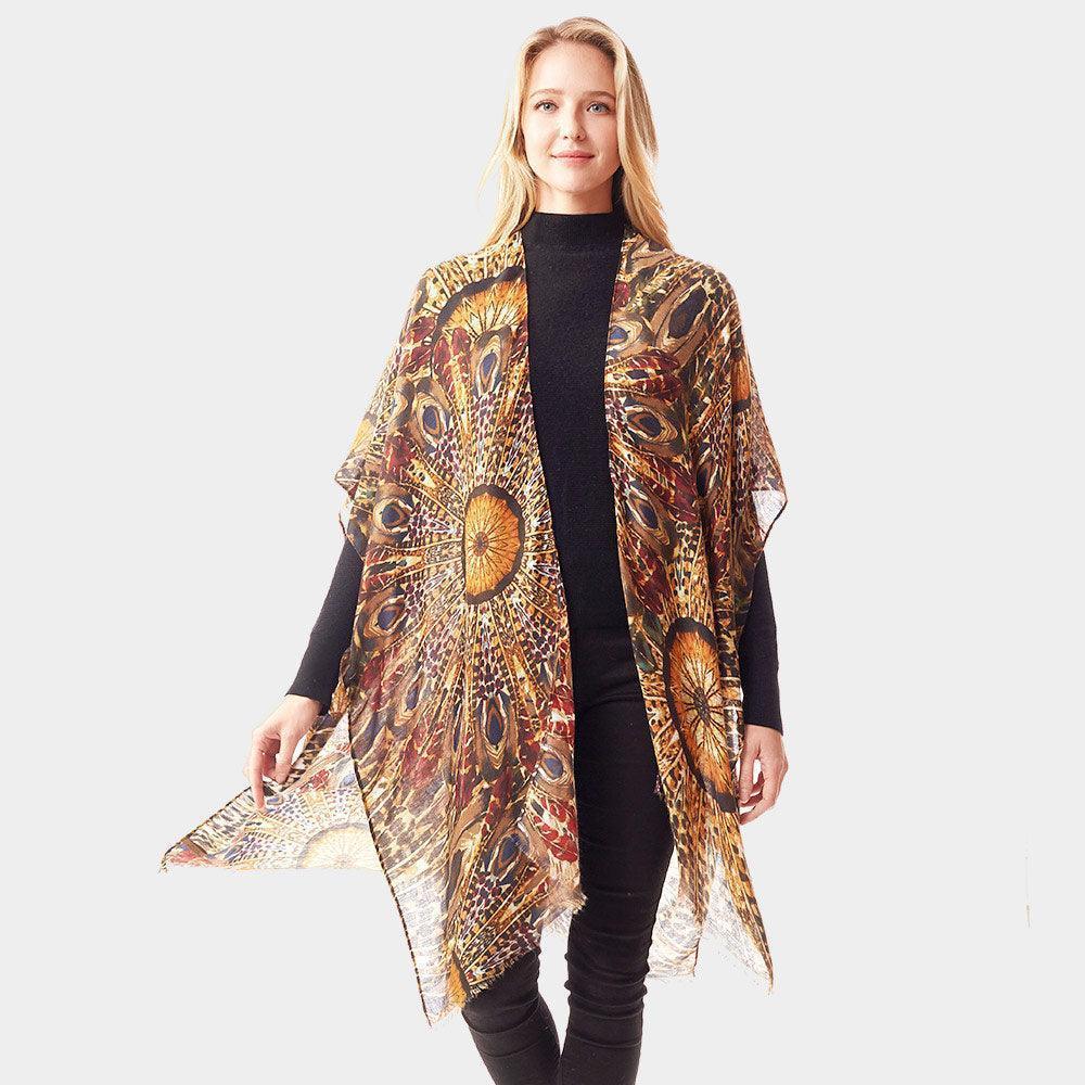 Gold Peacock Feather Printed Ruana Poncho - Jewelry Store by Erik Rayo