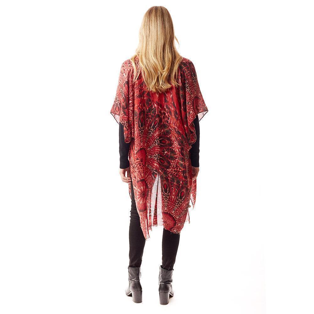 Red Peacock Feather Printed Ruana Poncho - Jewelry Store by Erik Rayo