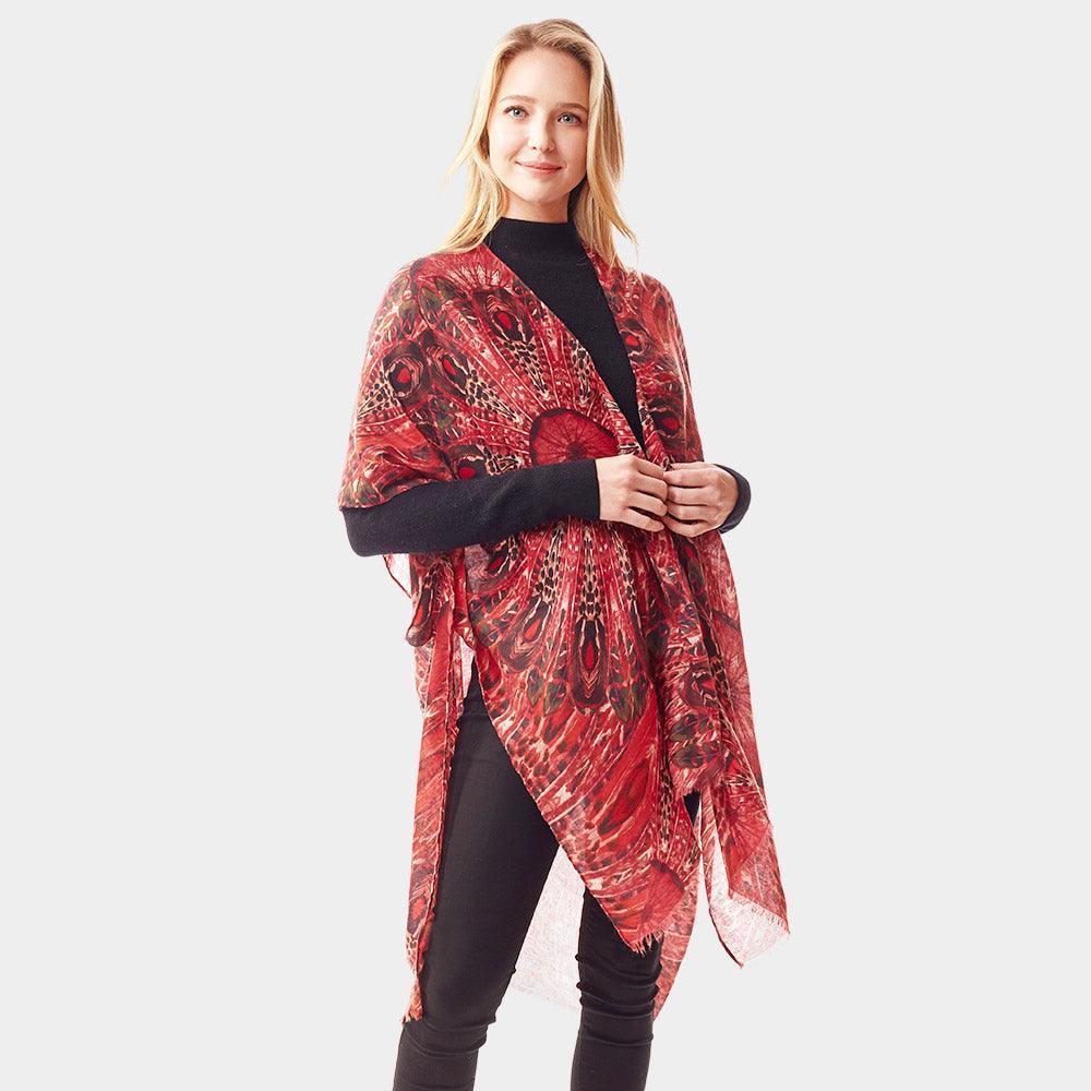 Red Peacock Feather Printed Ruana Poncho - Jewelry Store by Erik Rayo