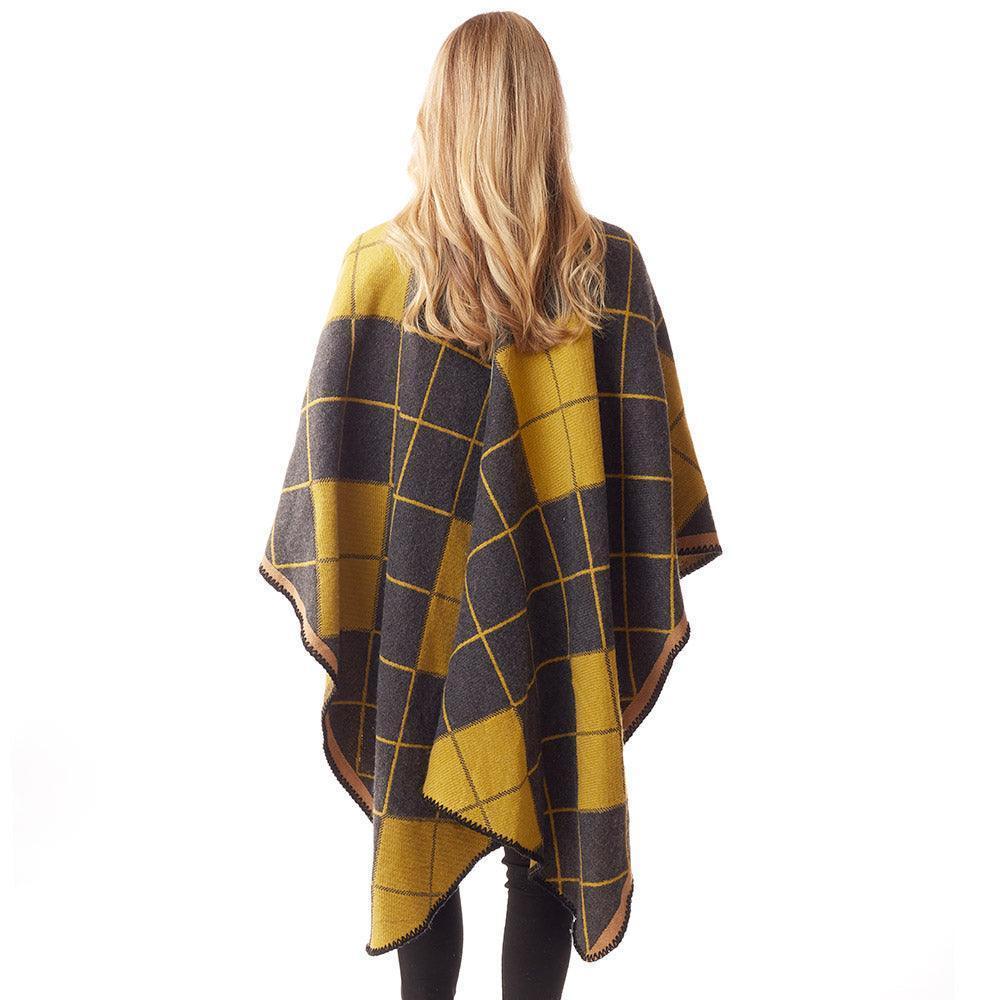 Mustard Plaid Check Patterned Stitch Ruana Poncho - Jewelry Store by Erik Rayo