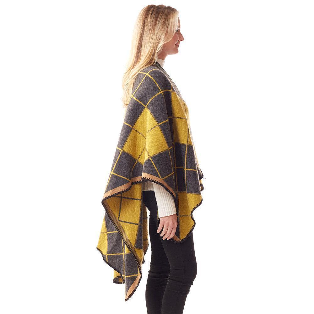 Mustard Plaid Check Patterned Stitch Ruana Poncho - Jewelry Store by Erik Rayo