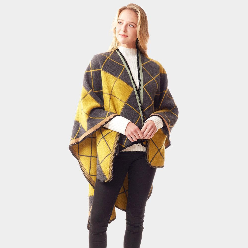 Mustard Plaid Check Patterned Stitch Ruana Poncho - Jewelry Store by Erik Rayo