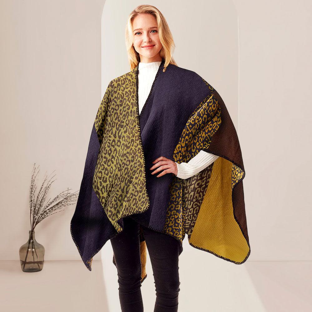 Mustard Leopard Patterned Stitch Ruana Poncho