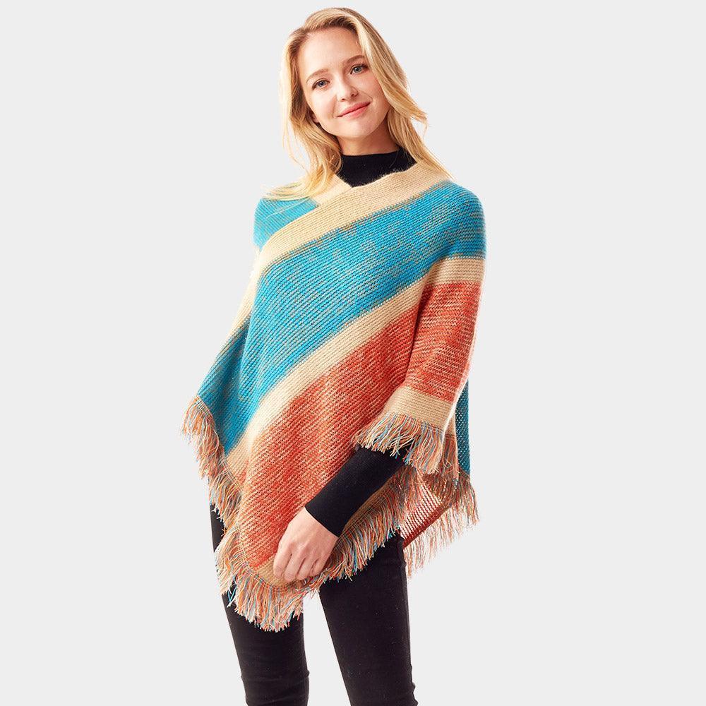 Coral Colorful Vertical Stripe Patterned Poncho - Jewelry Store by Erik Rayo