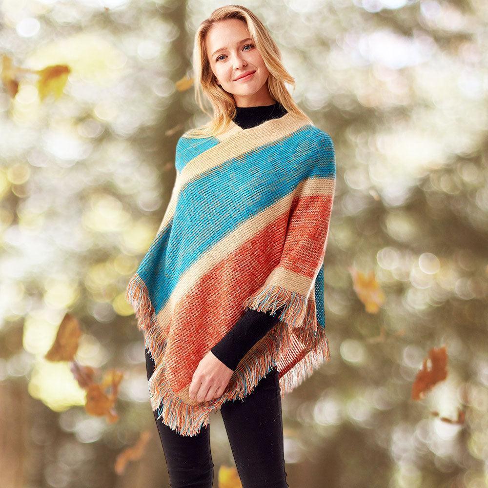 Coral Colorful Vertical Stripe Patterned Poncho - Jewelry Store by Erik Rayo