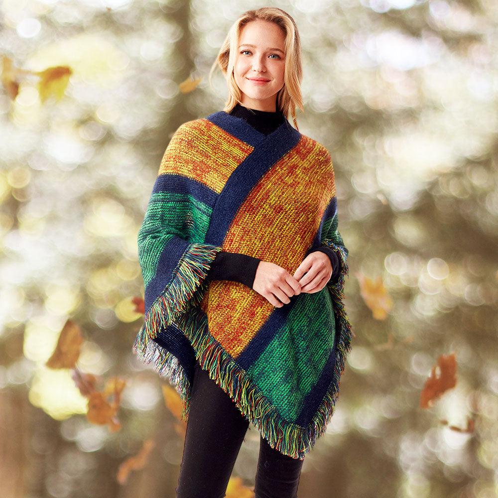 Green Colorful Vertical Stripe Patterned Poncho