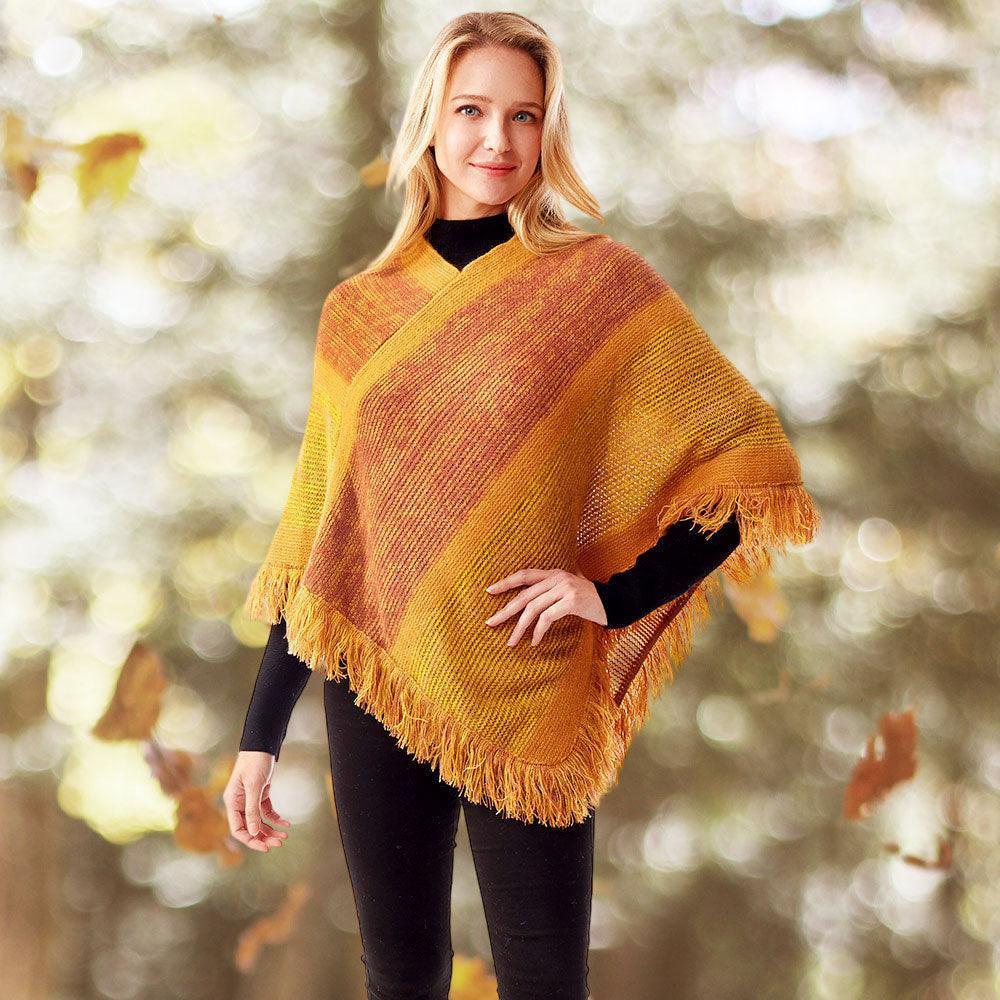 Mustard Colorful Vertical Stripe Patterned Poncho - Jewelry Store by Erik Rayo