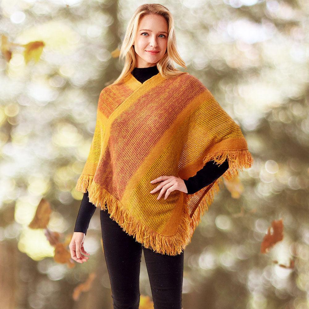 Mustard Colorful Vertical Stripe Patterned Poncho