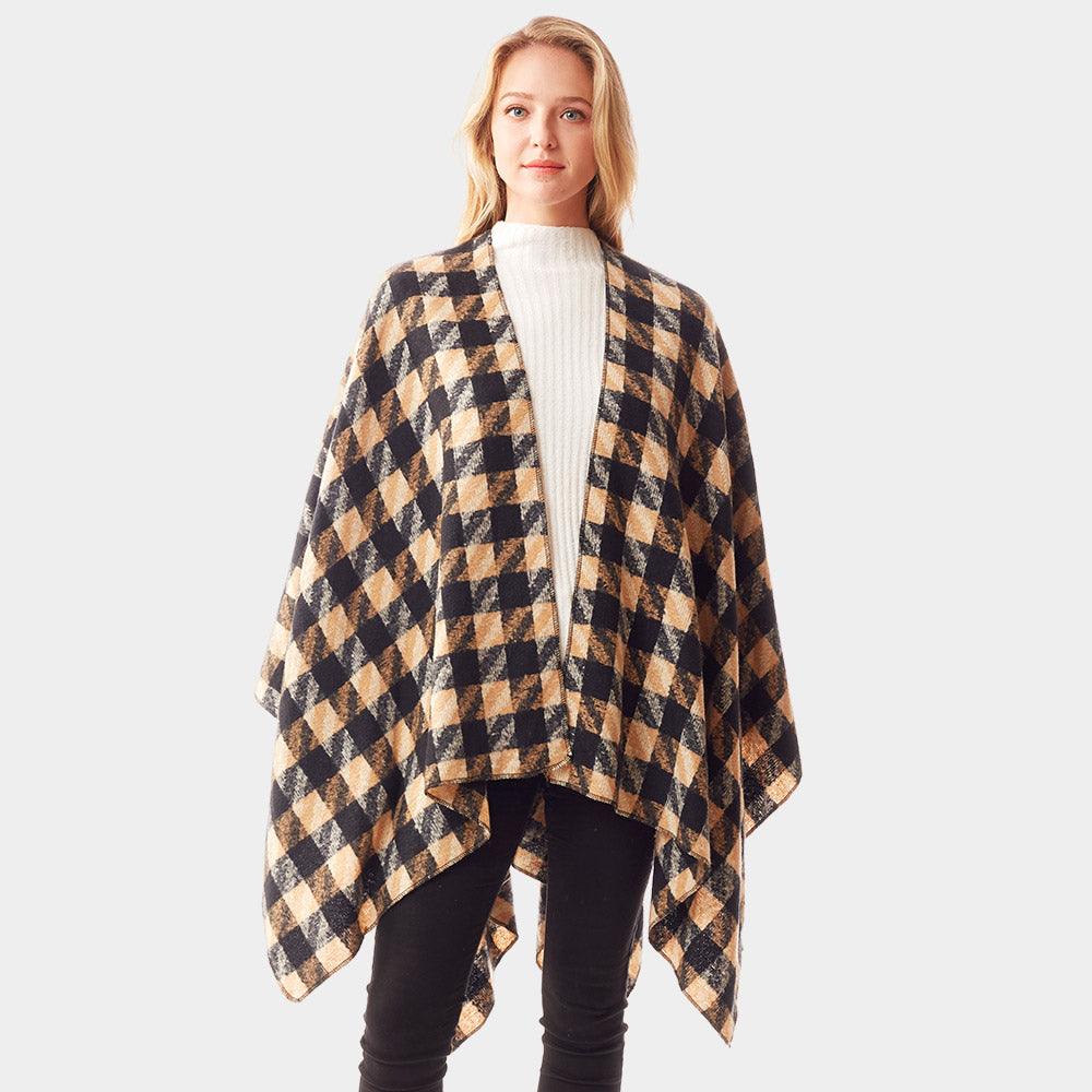 Beige Houndstooth Printed Ruana Poncho