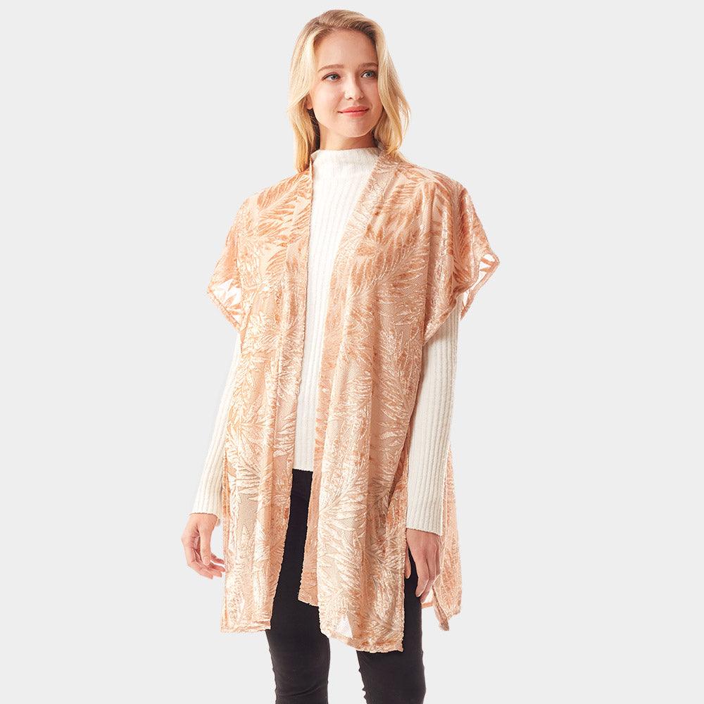 Beige Leaf Patterned Velvet Burnout Shawl Poncho