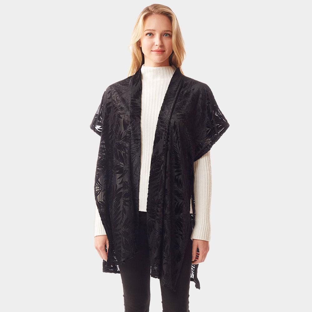 Black Leaf Patterned Velvet Burnout Shawl Poncho - Jewelry Store by Erik Rayo