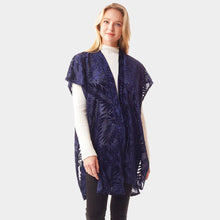 Load image into Gallery viewer, Navy Leaf Patterned Velvet Burnout Shawl Poncho
