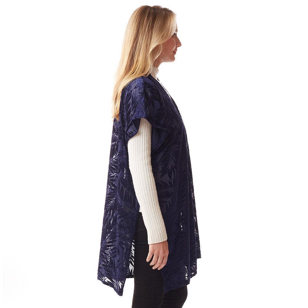 Navy Leaf Patterned Velvet Burnout Shawl Poncho - Jewelry Store by Erik Rayo