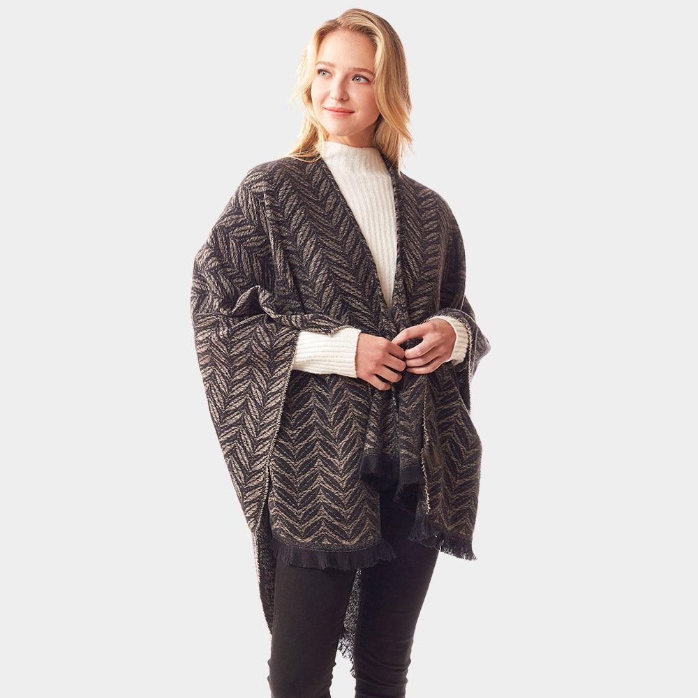 Black Leaf Patterned Soft Poncho