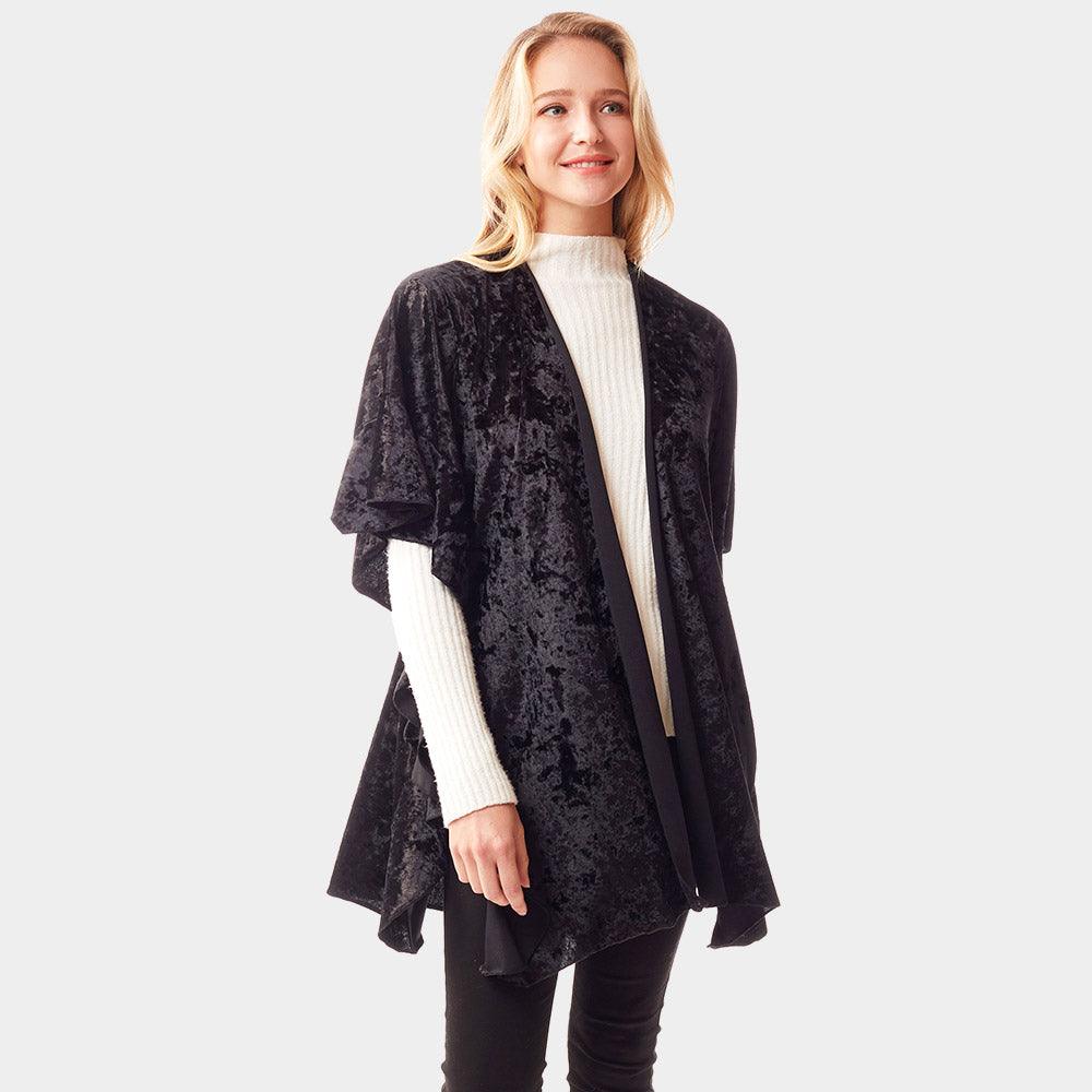 Black Solid Velvet Shawl Poncho