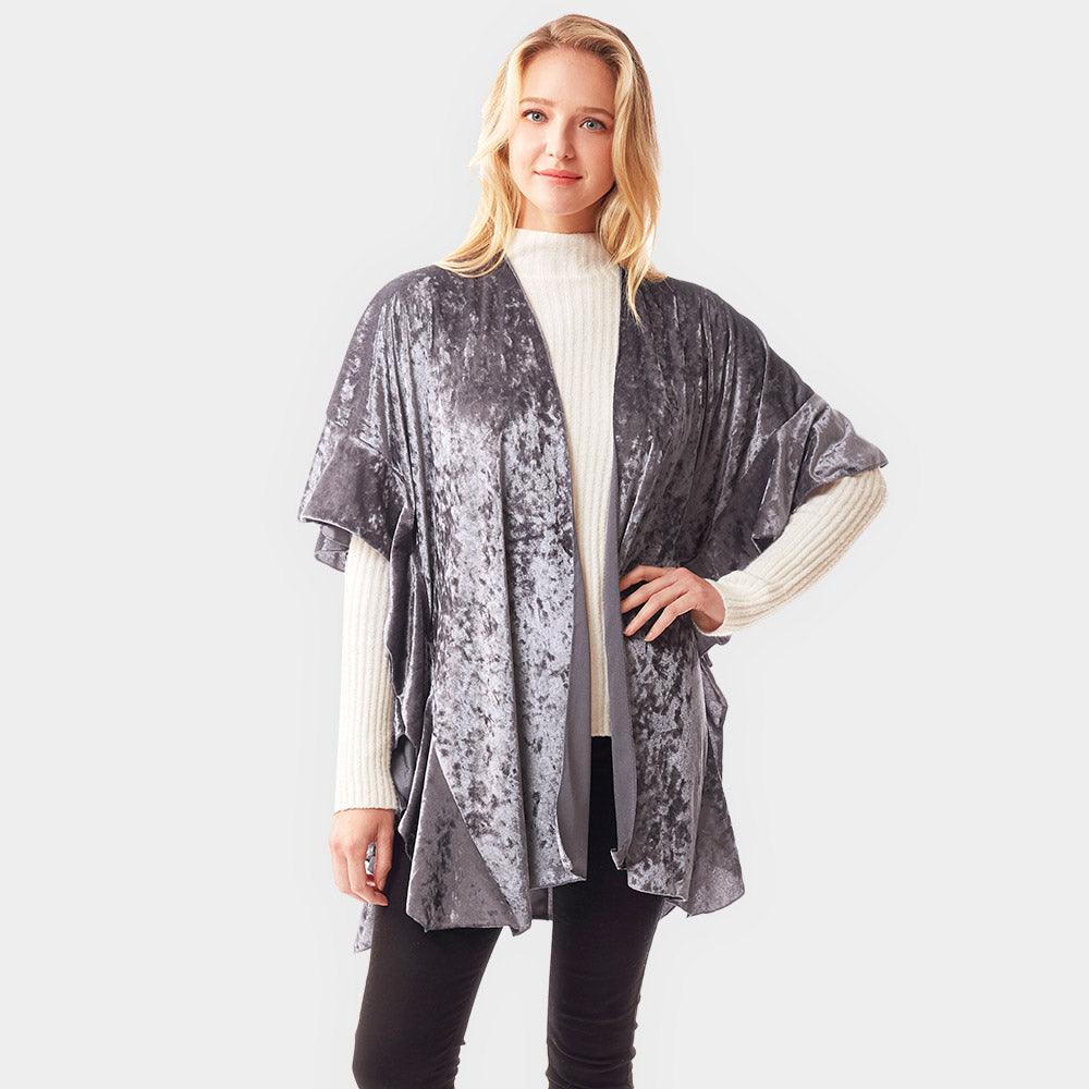 Gray Solid Velvet Shawl Poncho