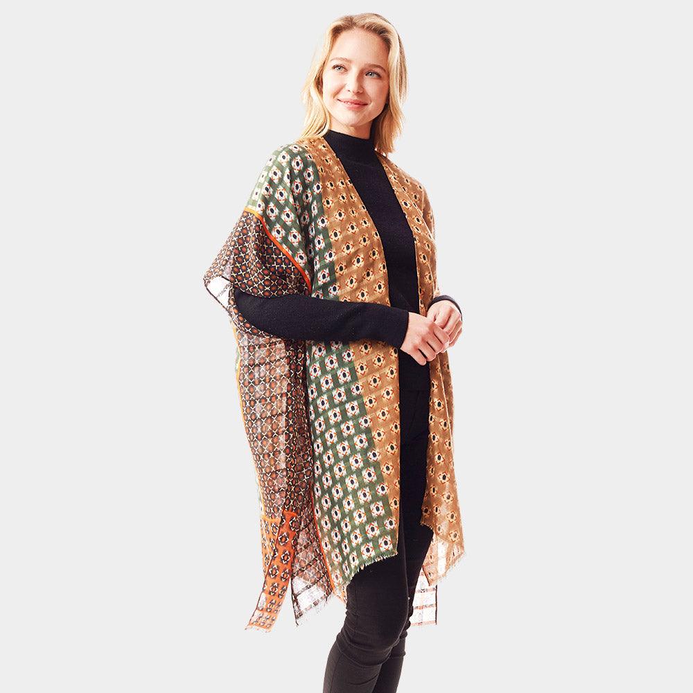 Beige Colorful Geometric Printed Ruana Poncho