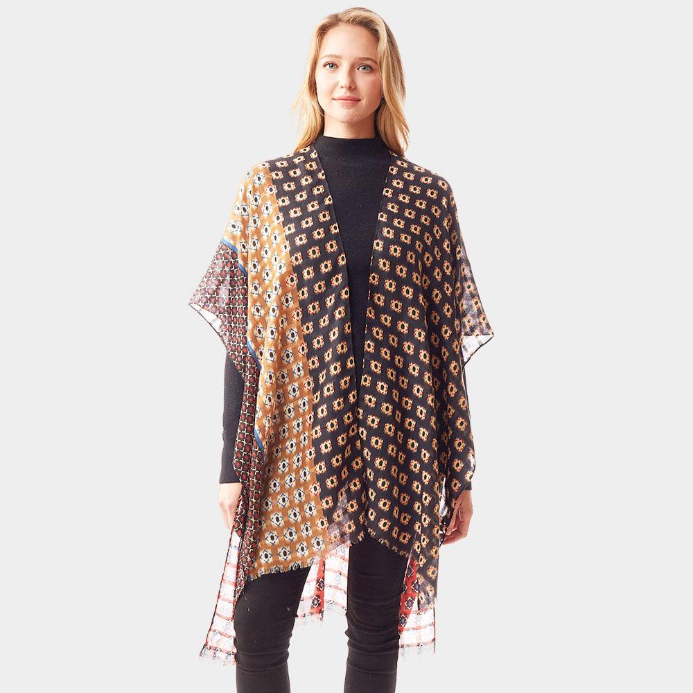 Black Colorful Geometric Printed Ruana Poncho