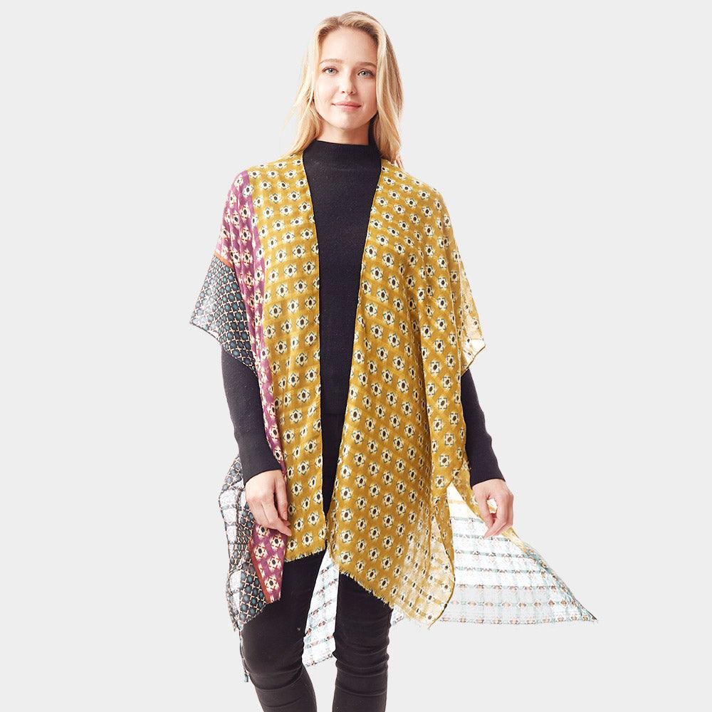 Mustard Colorful Geometric Printed Ruana Poncho