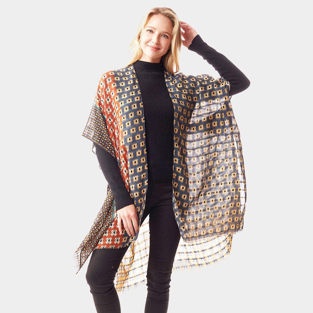 Teal Colorful Geometric Printed Ruana Poncho