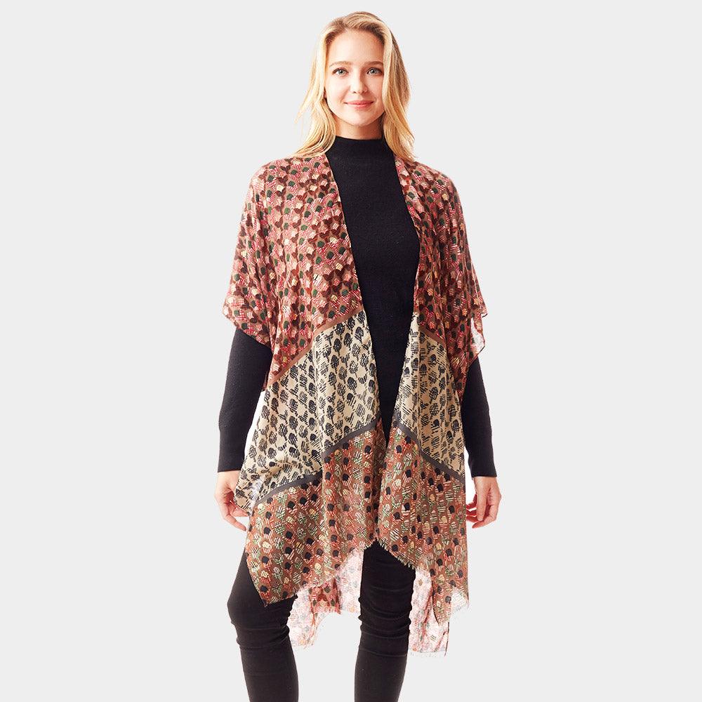 Pink Geometric Border Printed Gold Foil Accented Ruana Poncho