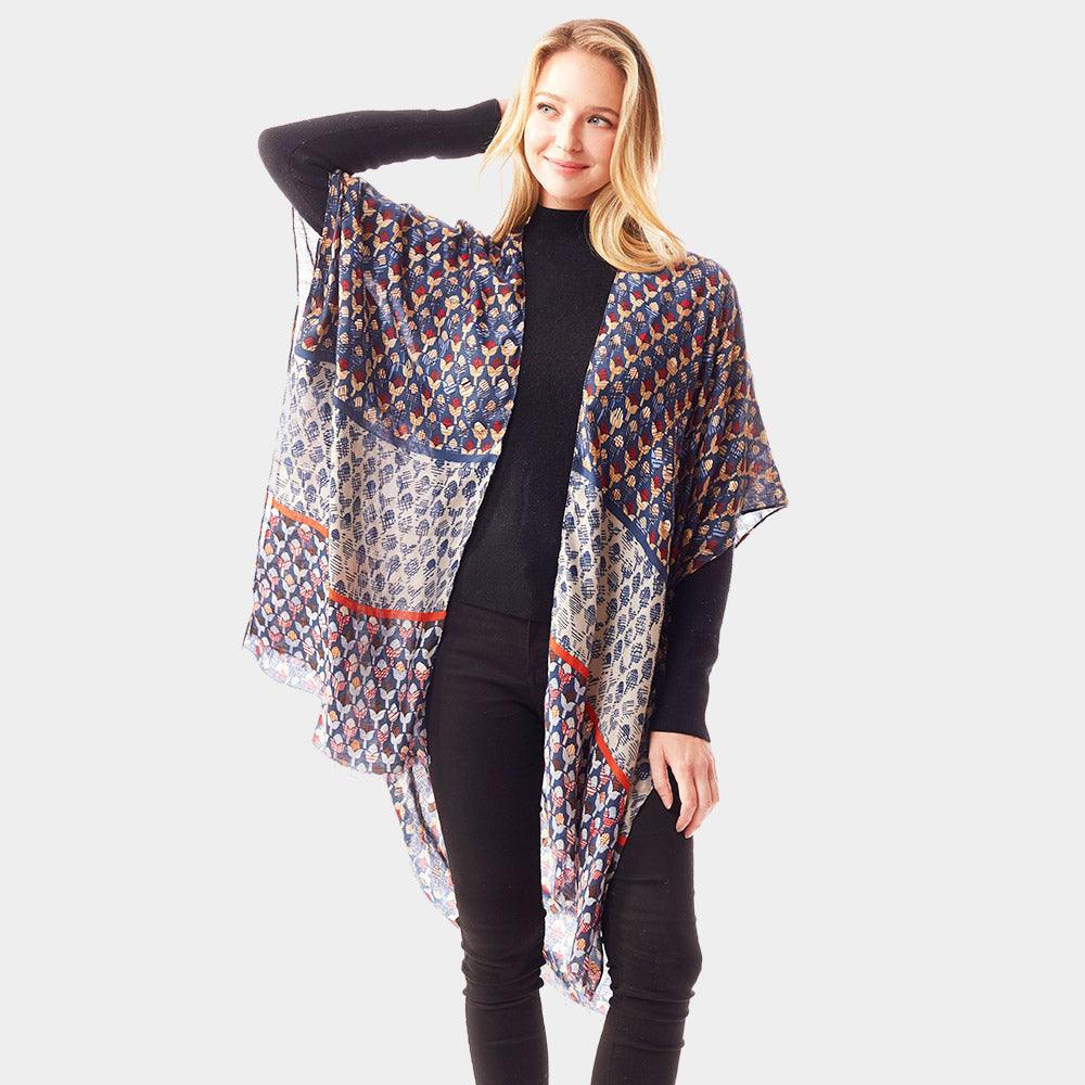 Blue Geometric Border Printed Gold Foil Accented Ruana Poncho