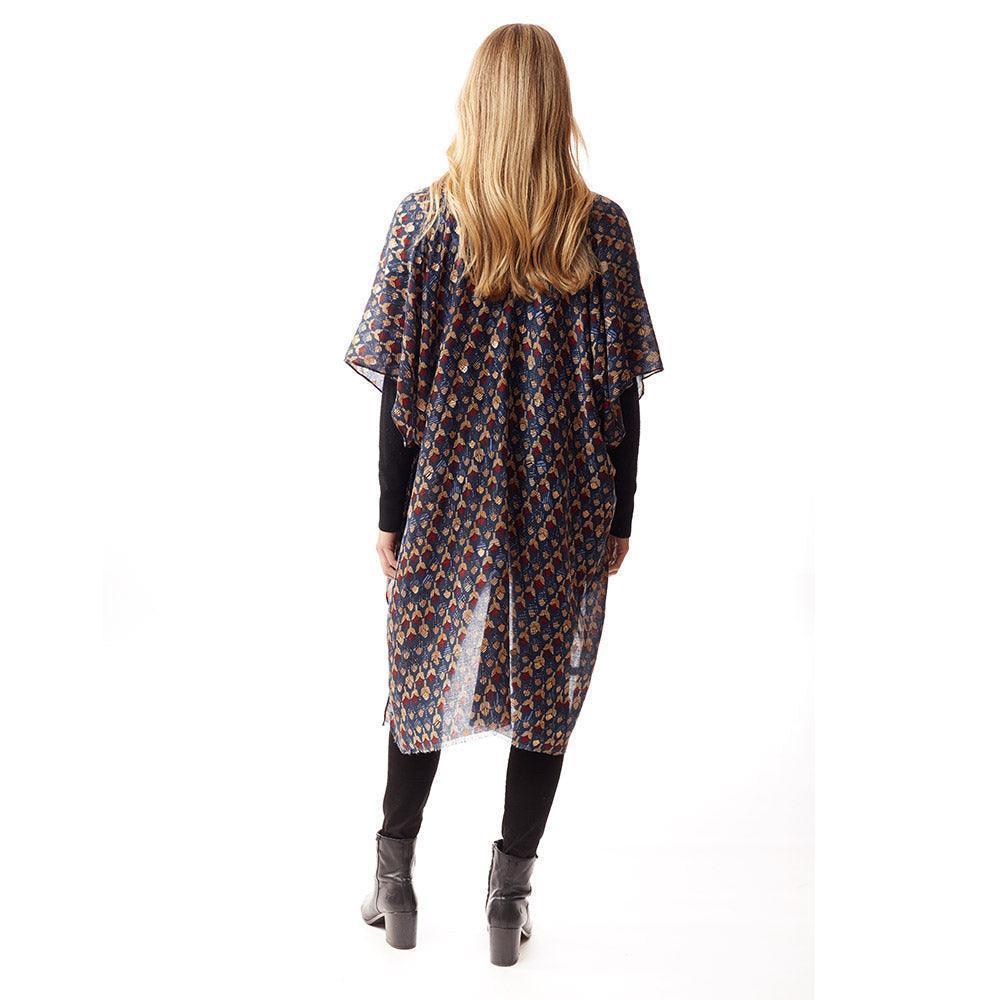 Blue Geometric Border Printed Gold Foil Accented Ruana Poncho - Jewelry Store by Erik Rayo