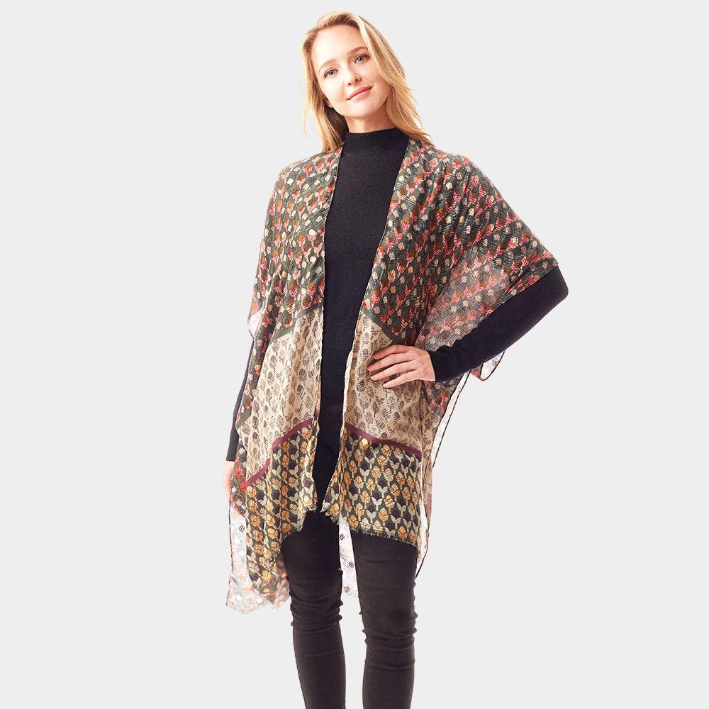 Olive Green Geometric Border Printed Gold Foil Accented Ruana Poncho