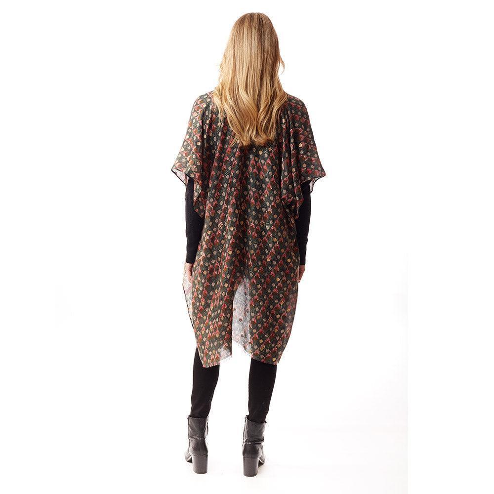 Olive Green Geometric Border Printed Gold Foil Accented Ruana Poncho - Jewelry Store by Erik Rayo